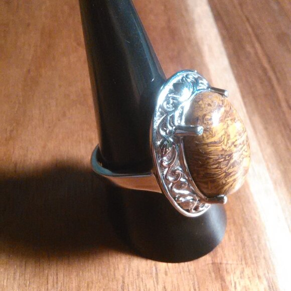 Script Stone Jasper Solitaire Stainless Steel Ring (Size 9) - Picture 12 of 13